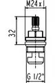 Schematische Darstellung eines Keramikoberteils mit G1/2-Anschluss und M24x1 Gewinde. Produkt von Ideal Standard, Diagramm zeigt Details und Maße des Bauteils.
